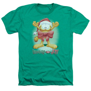 AN OFFCIALLY LICENSED GARFIELD UNWRAP THE JOY! MEN'S HEATHER T-SHIRT KELLY GREEN