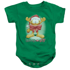 AN OFFCIALLY LICENSED GARFIELD UNWRAP THE JOY! BABY BODYSUIT KELLY GREEN