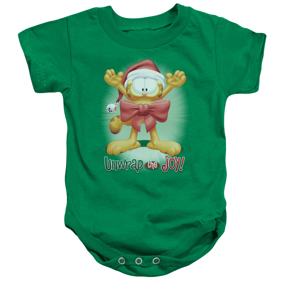 AN OFFCIALLY LICENSED GARFIELD UNWRAP THE JOY! BABY BODYSUIT KELLY GREEN