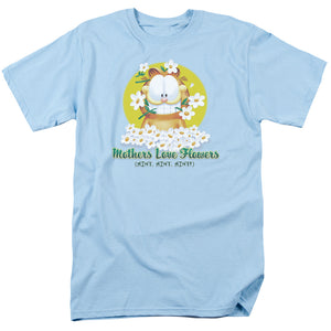 AN OFFCIALLY LICENSED GARFIELD MOTHERS LOVE FLOWERS MEN'S REGULAR FIT T-SHIRT LIGHT BLUE