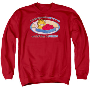 AN OFFCIALLY LICENSED GARFIELD POP OUT OF BED ADULT UNISEX CREWNECK SWEATSHIRT RED