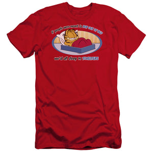 AN OFFCIALLY LICENSED GARFIELD POP OUT OF BED MEN'S PREMIUM SLIM FIT T-SHIRT RED