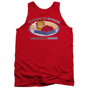AN OFFCIALLY LICENSED GARFIELD POP OUT OF BED ADULT UNISEX TANK TOP RED