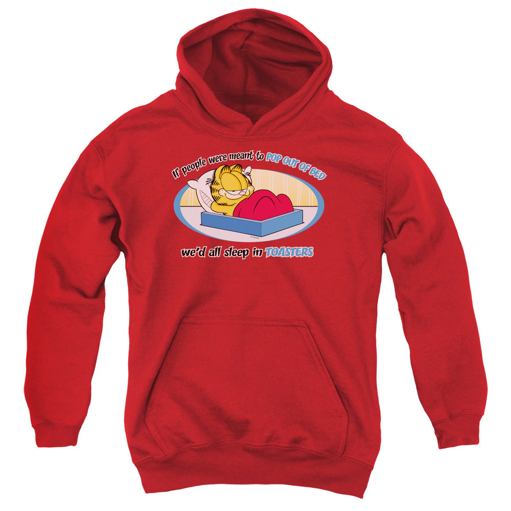 AN OFFCIALLY LICENSED GARFIELD POP OUT OF BED YOUTH HOODIE RED