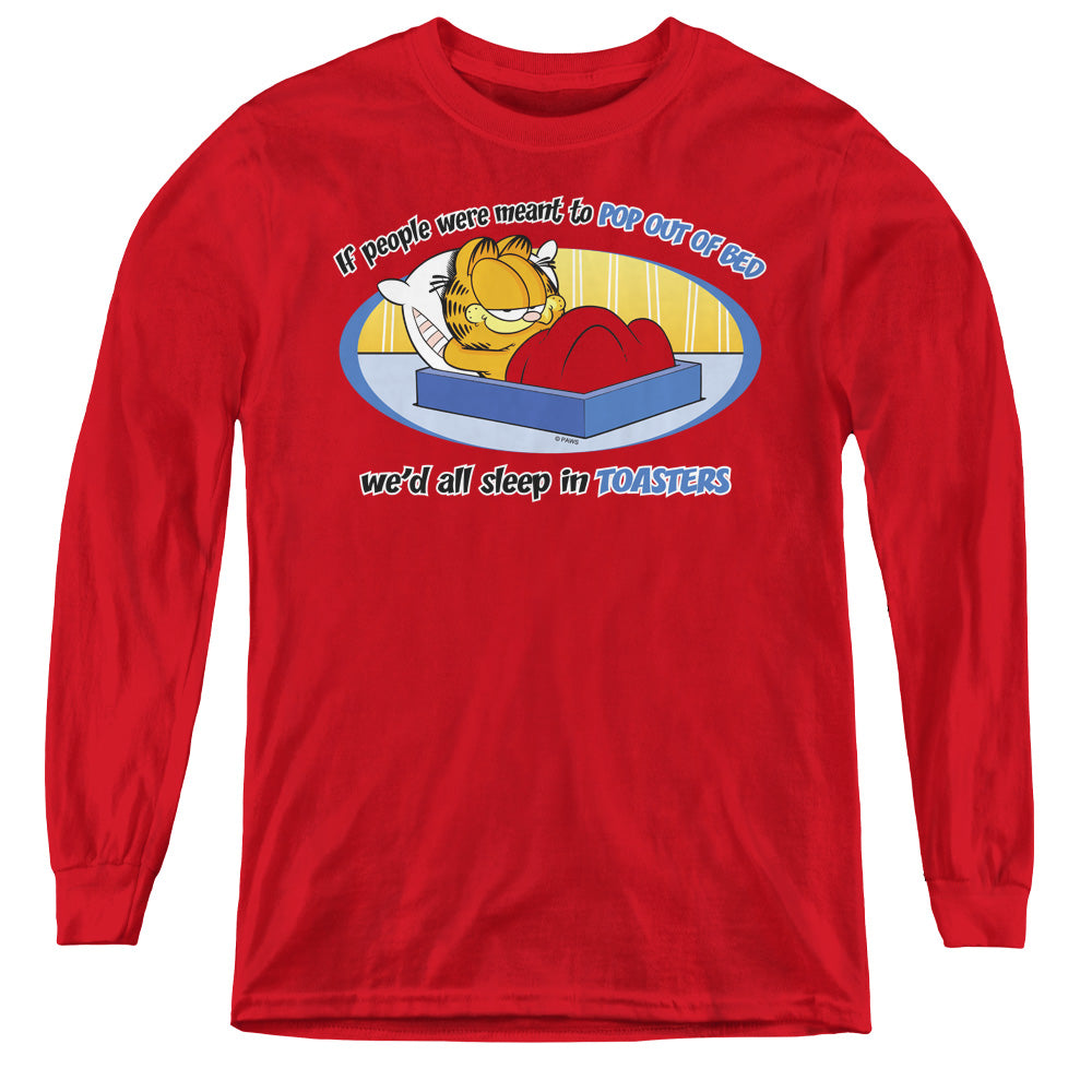 AN OFFCIALLY LICENSED GARFIELD POP OUT OF BED YOUTH LONG SLEEVE T-SHIRT RED