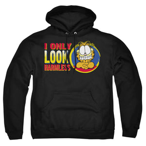 AN OFFCIALLY LICENSED GARFIELD I ONLY LOOK HARMLESS ADULT UNISEX PULLOVER HOODIE BLACK