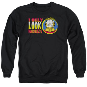 AN OFFCIALLY LICENSED GARFIELD I ONLY LOOK HARMLESS ADULT UNISEX CREWNECK SWEATSHIRT BLACK