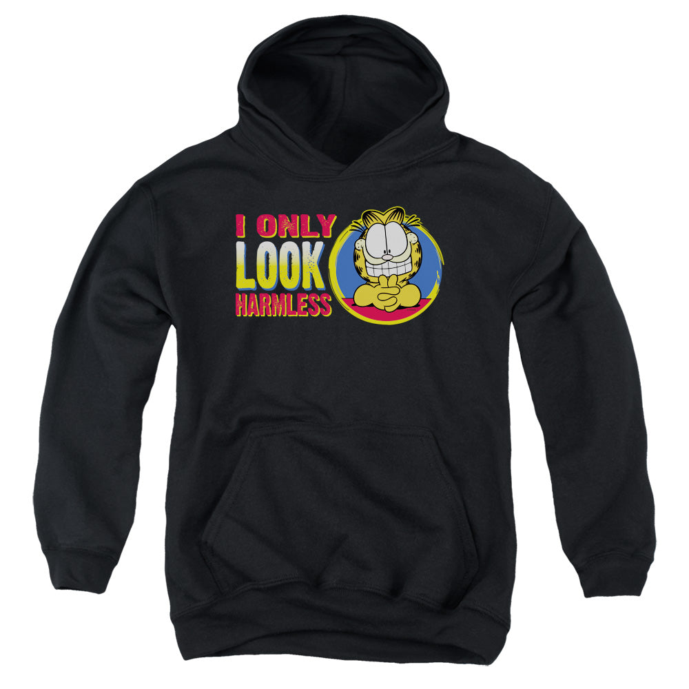 AN OFFCIALLY LICENSED GARFIELD I ONLY LOOK HARMLESS YOUTH HOODIE BLACK