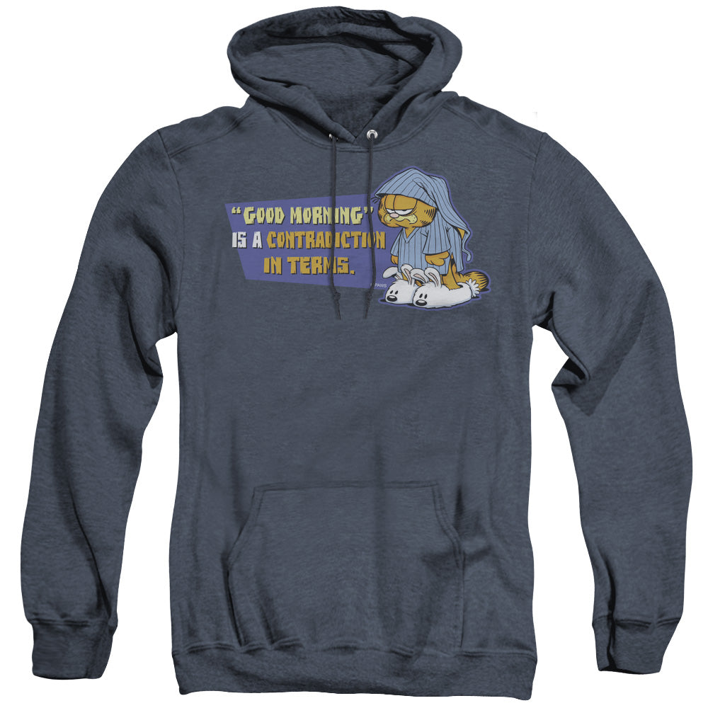 AN OFFCIALLY LICENSED GARFIELD CONTRADICITION IN TERMS ADULT UNISEX HEATHER PULLOVER HOODIE NAVY