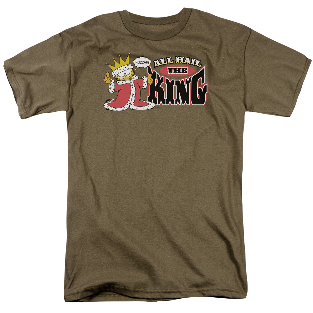 AN OFFCIALLY LICENSED GARFIELD ALL HAIL THE KING MEN'S REGULAR FIT T-SHIRT SAFARI GREEN