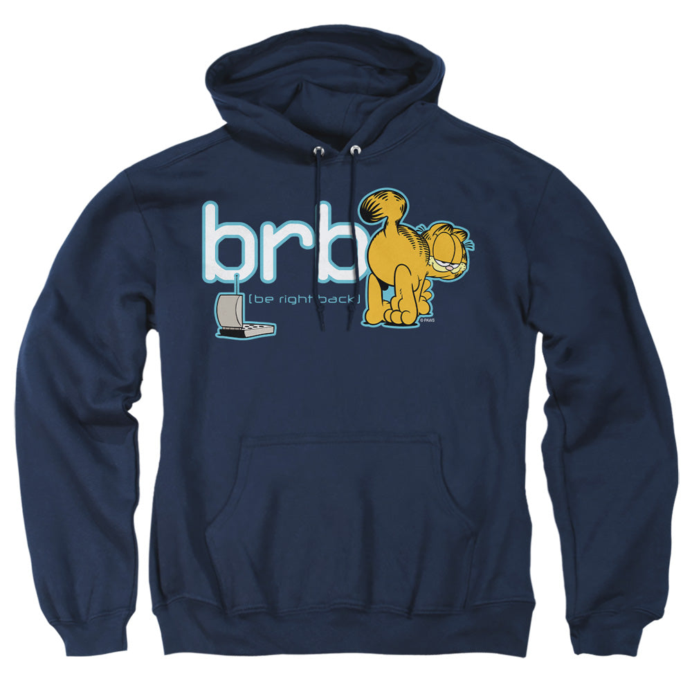 AN OFFCIALLY LICENSED GARFIELD BE RIGHT BACK ADULT UNISEX PULLOVER HOODIE NAVY