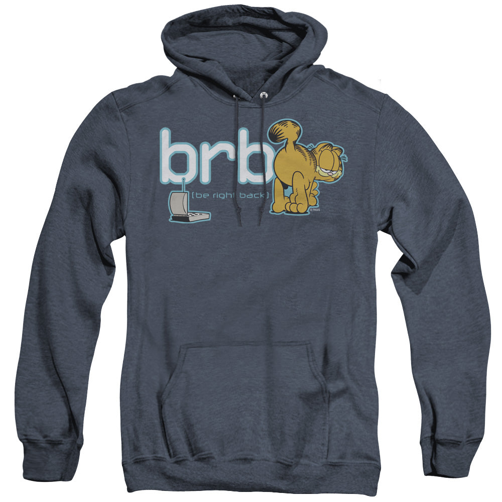 AN OFFCIALLY LICENSED GARFIELD BE RIGHT BACK ADULT UNISEX HEATHER PULLOVER HOODIE NAVY