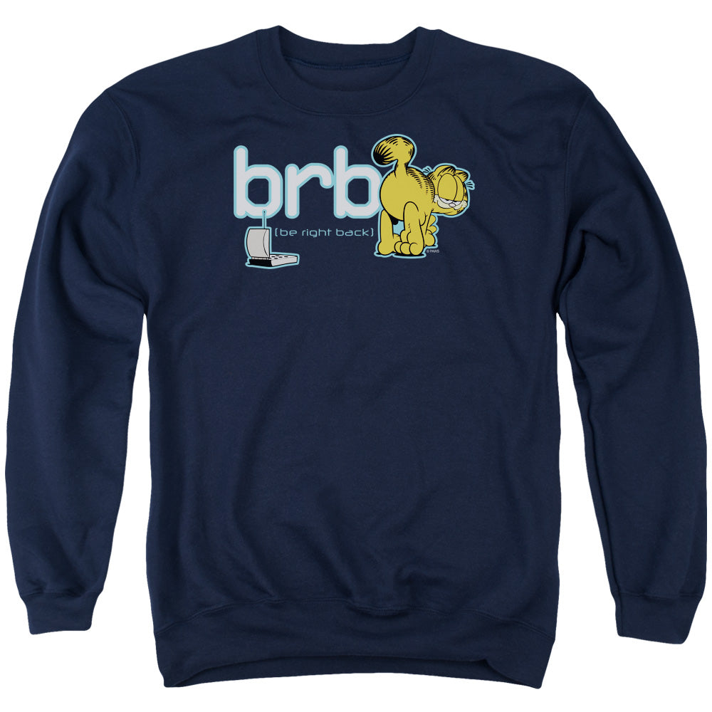 AN OFFCIALLY LICENSED GARFIELD BE RIGHT BACK ADULT UNISEX CREWNECK SWEATSHIRT NAVY