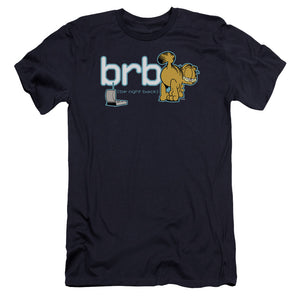 AN OFFCIALLY LICENSED GARFIELD BE RIGHT BACK MEN'S PREMIUM SLIM FIT T-SHIRT NAVY