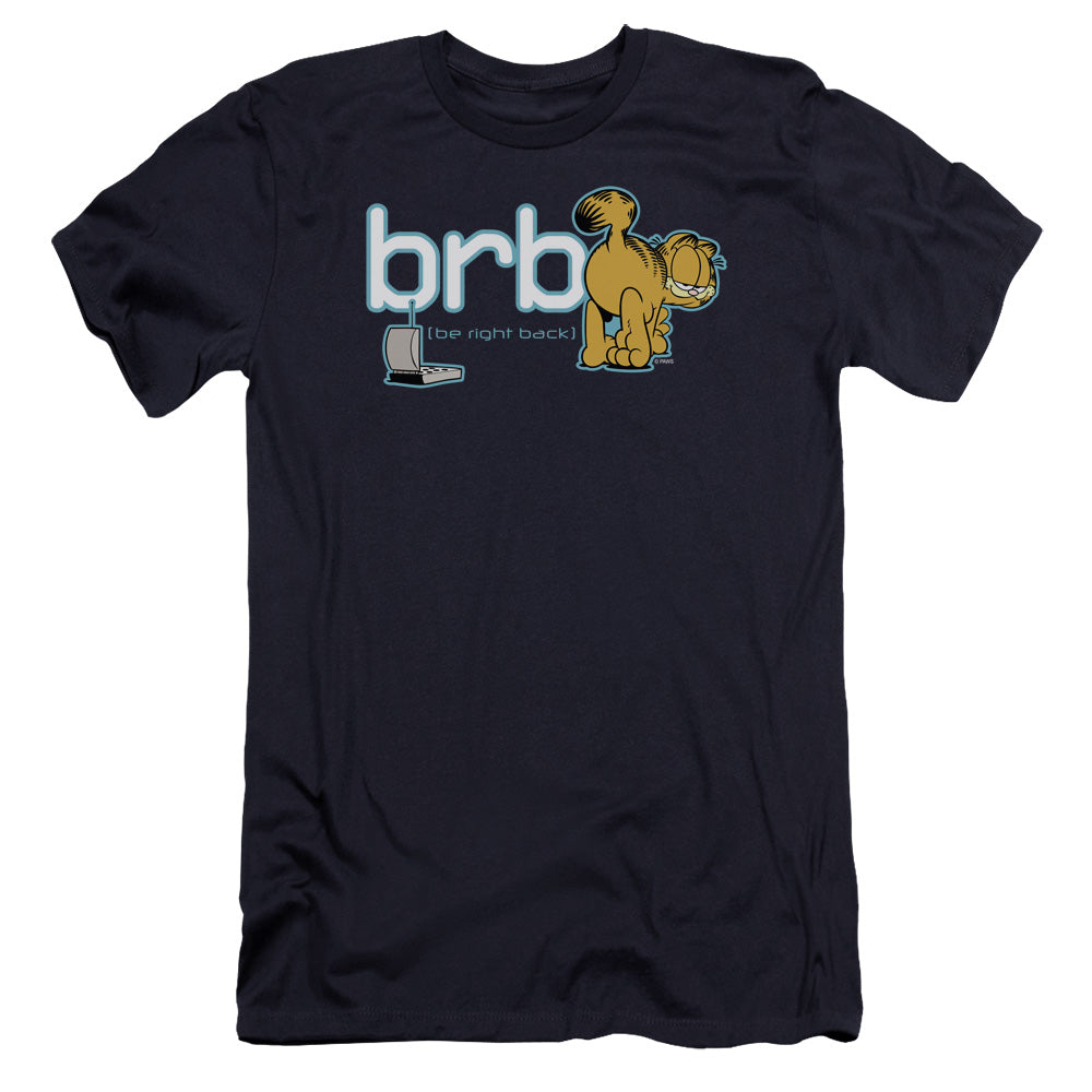 AN OFFCIALLY LICENSED GARFIELD BE RIGHT BACK MEN'S PREMIUM SLIM FIT T-SHIRT NAVY