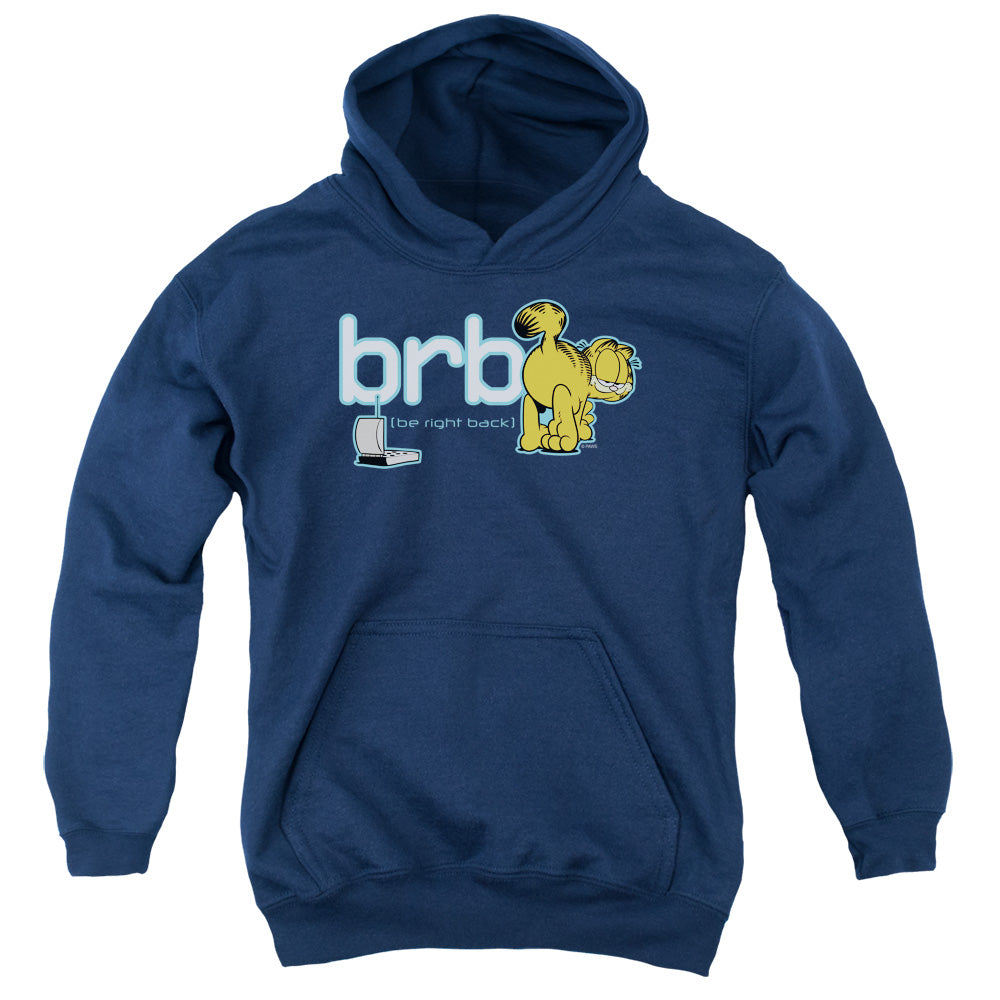 AN OFFCIALLY LICENSED GARFIELD BE RIGHT BACK YOUTH HOODIE NAVY