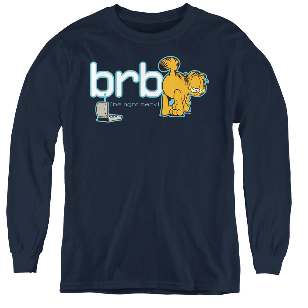 AN OFFCIALLY LICENSED GARFIELD BE RIGHT BACK YOUTH LONG SLEEVE T-SHIRT NAVY