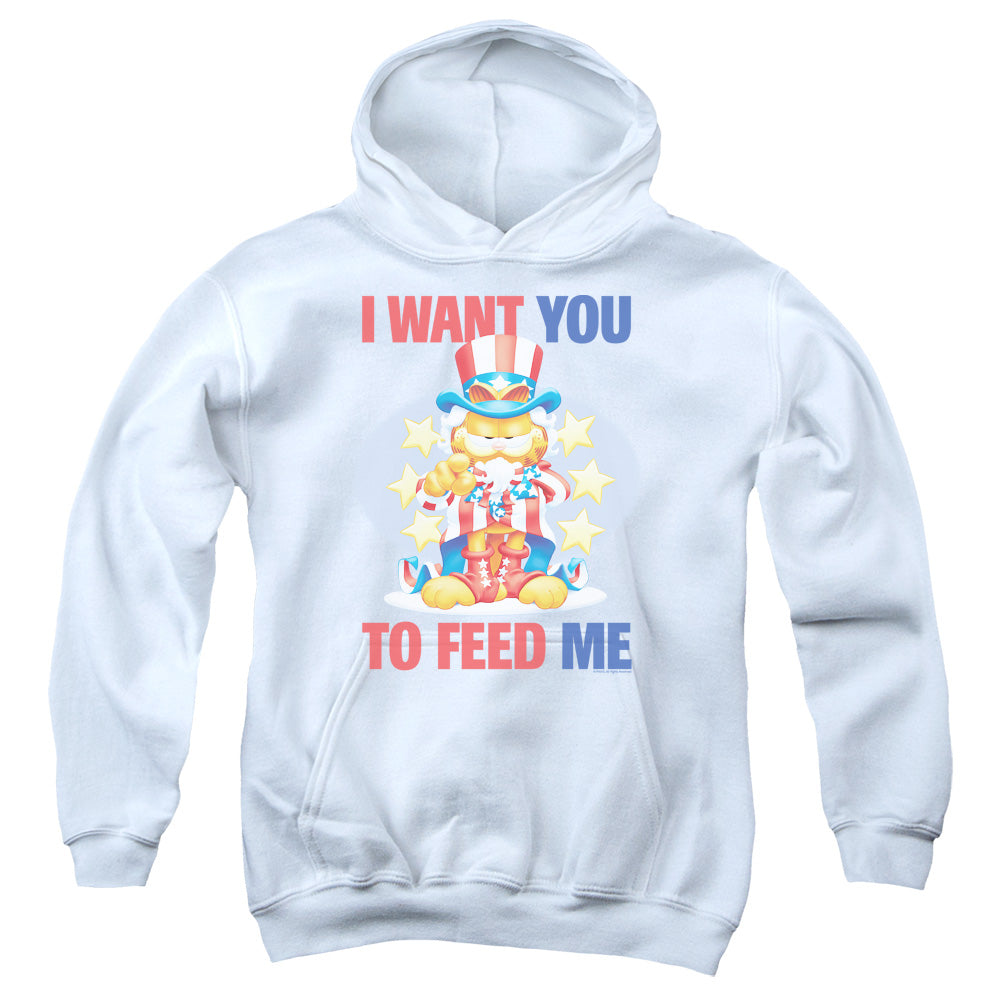 AN OFFCIALLY LICENSED GARFIELD I WANT YOU YOUTH HOODIE WHITE