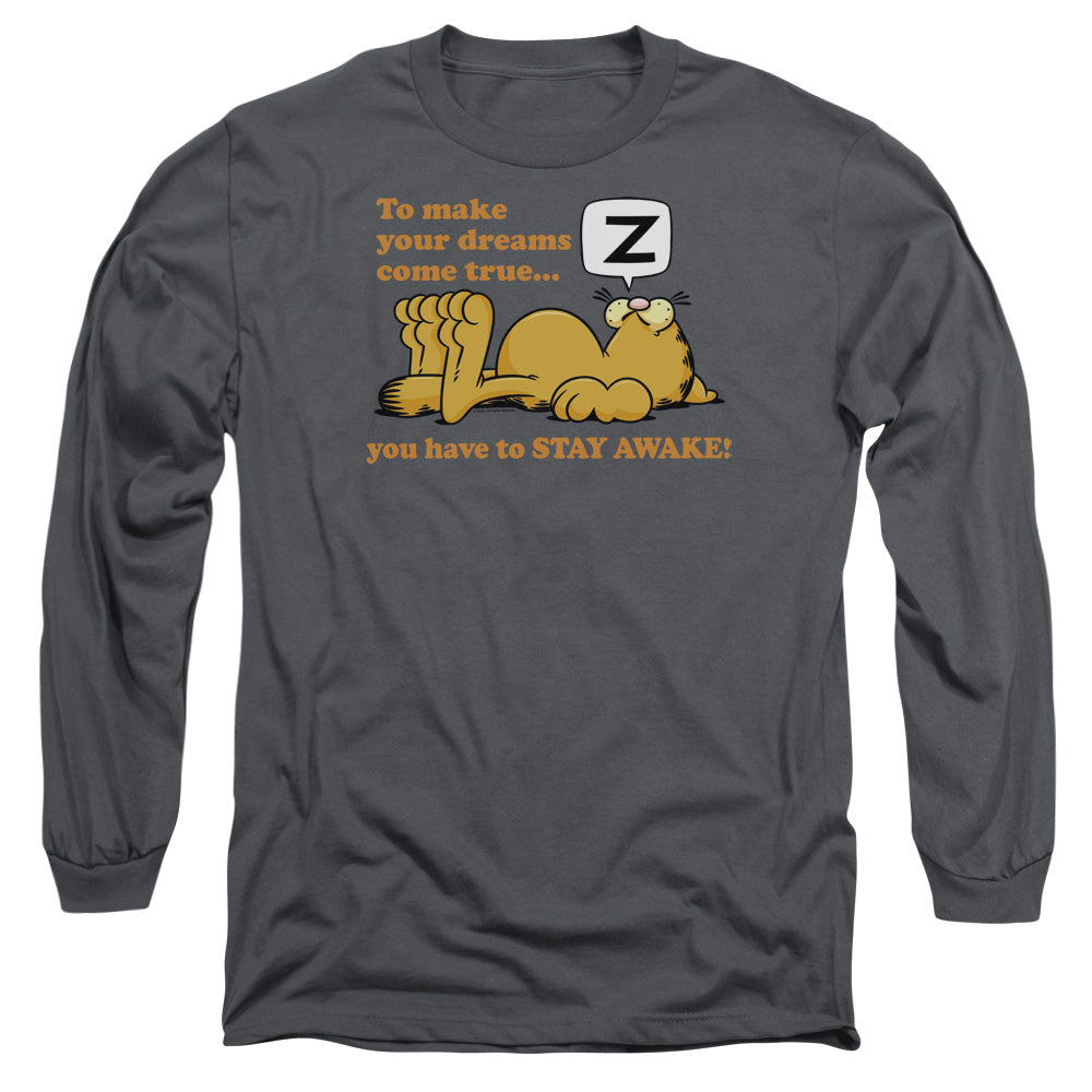 AN OFFCIALLY LICENSED GARFIELD STAY AWAKE MEN'S LONG SLEEVE T-SHIRT CHARCOAL