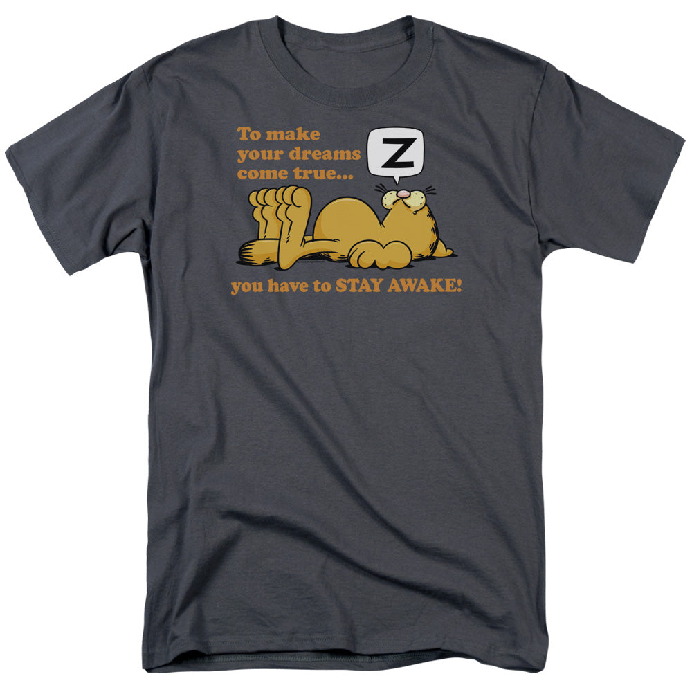 AN OFFCIALLY LICENSED GARFIELD STAY AWAKE MEN'S REGULAR FIT T-SHIRT CHARCOAL
