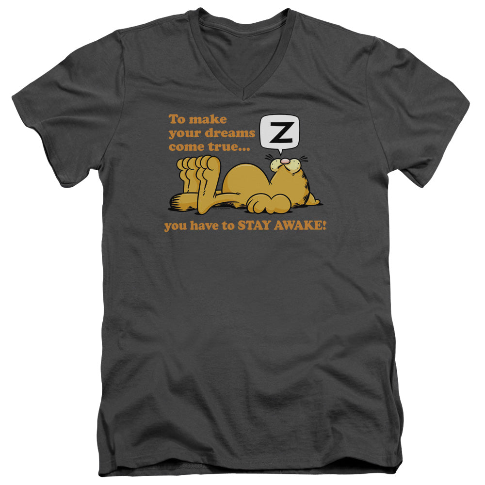 AN OFFCIALLY LICENSED GARFIELD STAY AWAKE MEN'S V-NECK T-SHIRT CHARCOAL