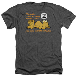 AN OFFCIALLY LICENSED GARFIELD STAY AWAKE MEN'S HEATHER T-SHIRT CHARCOAL