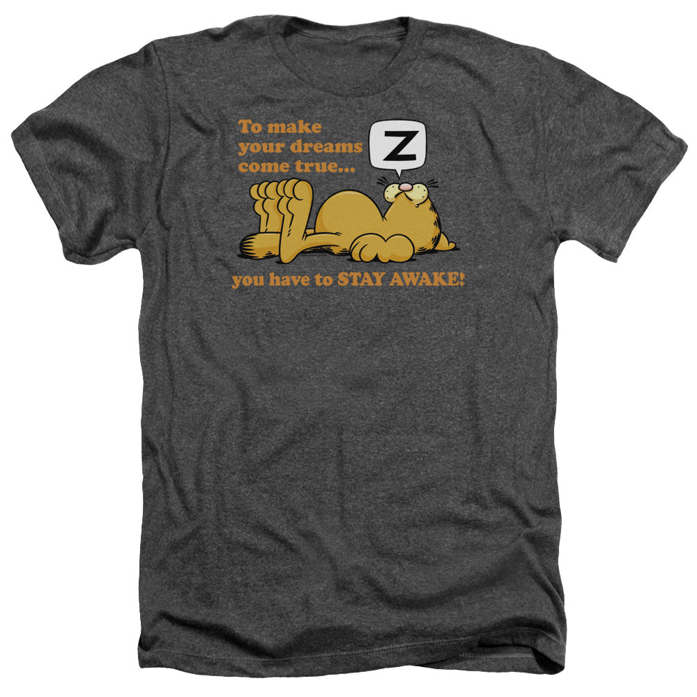 AN OFFCIALLY LICENSED GARFIELD STAY AWAKE MEN'S HEATHER T-SHIRT CHARCOAL