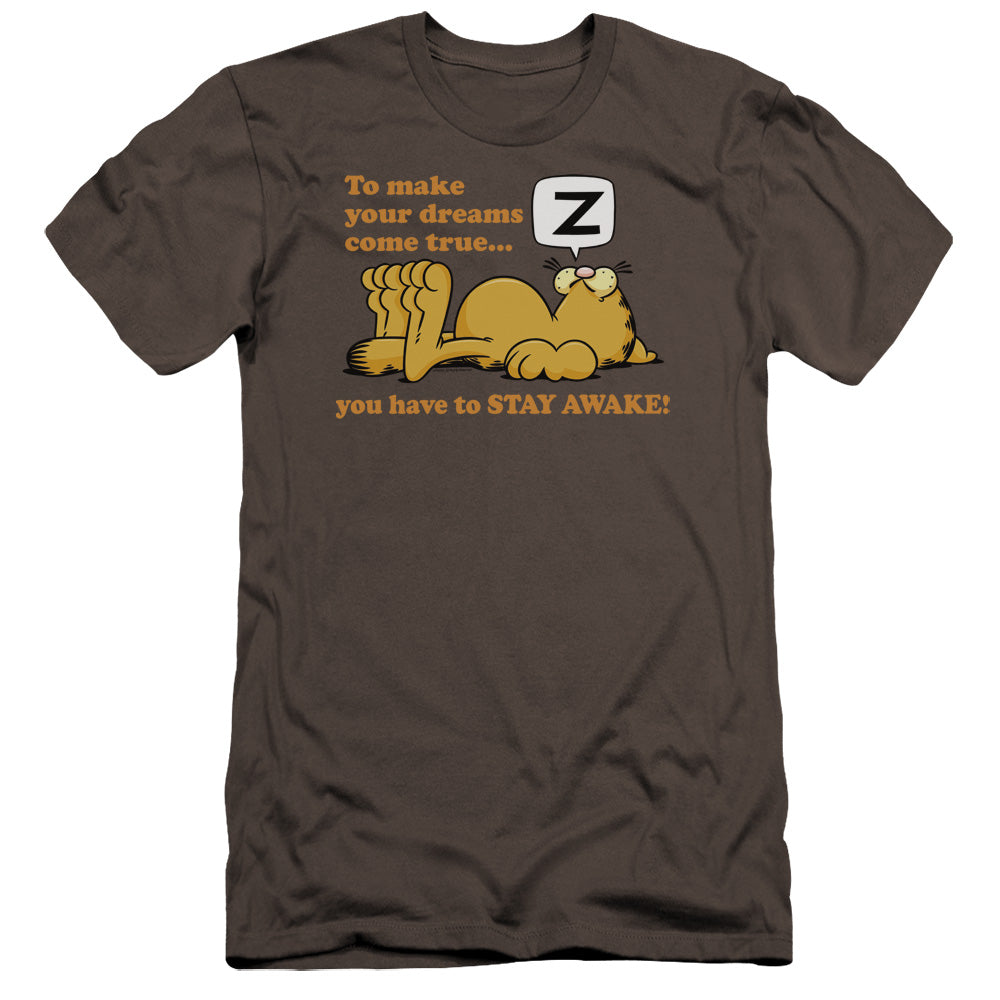 AN OFFCIALLY LICENSED GARFIELD STAY AWAKE MEN'S PREMIUM SLIM FIT T-SHIRT CHARCOAL