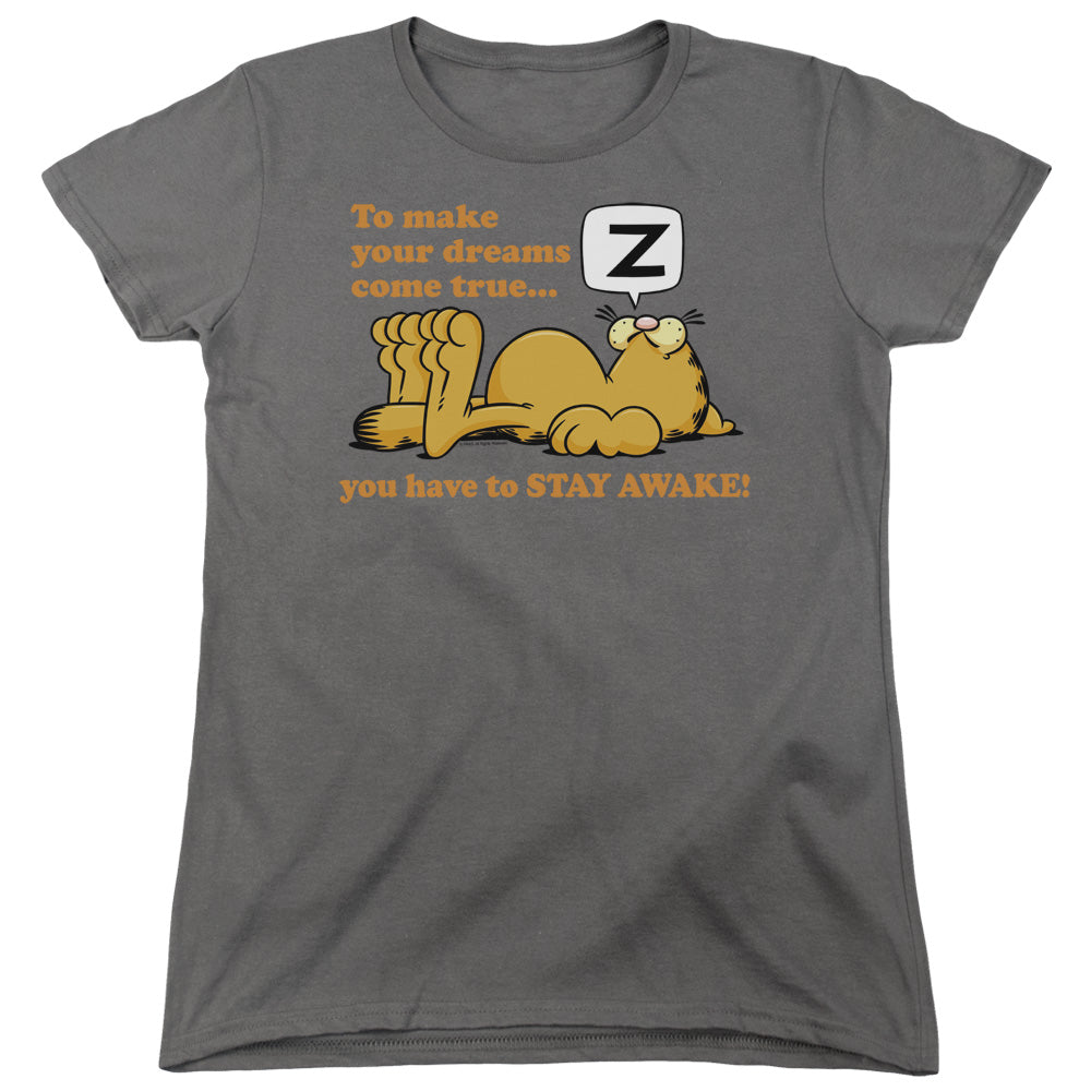 AN OFFCIALLY LICENSED GARFIELD STAY AWAKE WOMEN'S REGULAR FIT T-SHIRT CHARCOAL