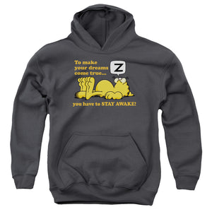 AN OFFCIALLY LICENSED GARFIELD STAY AWAKE YOUTH HOODIE CHARCOAL