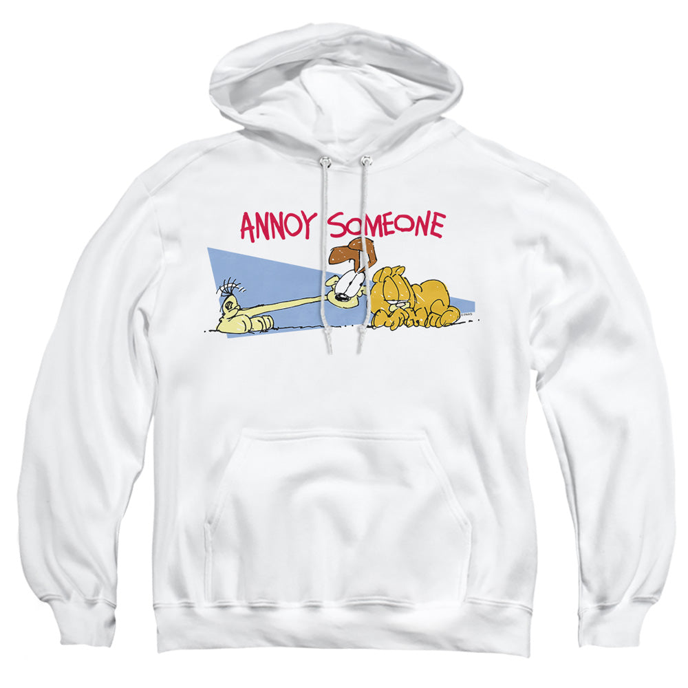 AN OFFCIALLY LICENSED GARFIELD ANNOY SOMEONE ADULT UNISEX PULLOVER HOODIE WHITE