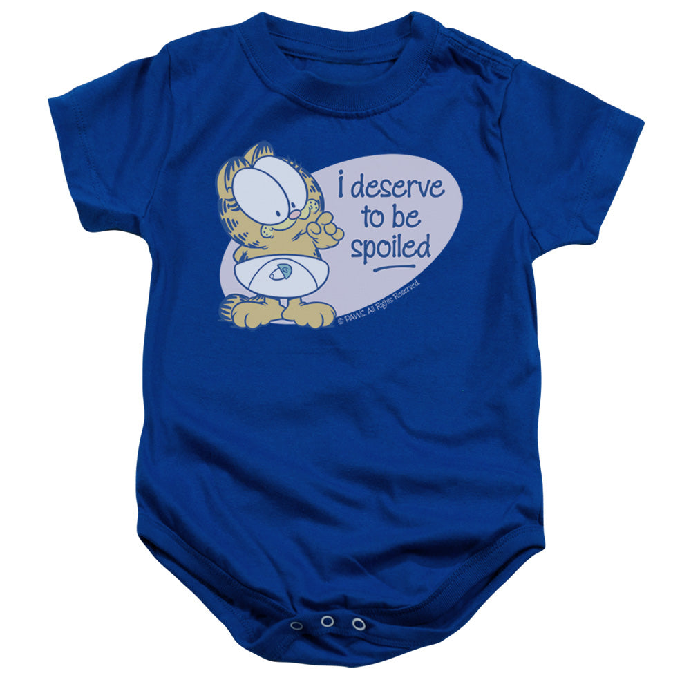 AN OFFCIALLY LICENSED GARFIELD DESERVE TO BE SPOILED BABY BODYSUIT ROYAL