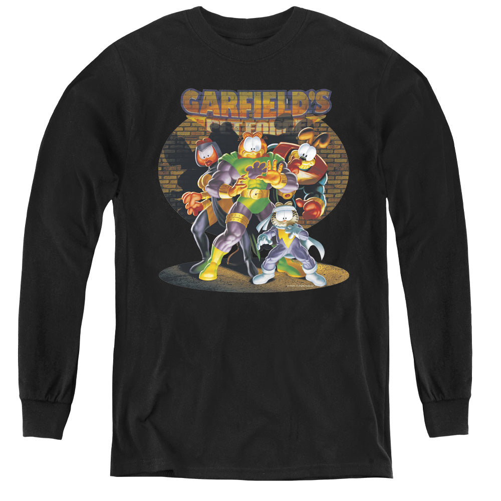 AN OFFCIALLY LICENSED GARFIELD SPOTLIGHT YOUTH LONG SLEEVE T-SHIRT BLACK