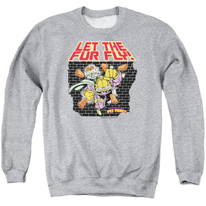 AN OFFCIALLY LICENSED GARFIELD LET THE FUR FLY ADULT UNISEX CREWNECK SWEATSHIRT ATHLETIC HEATHER