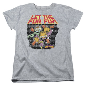 AN OFFCIALLY LICENSED GARFIELD LET THE FUR FLY WOMEN'S REGULAR FIT T-SHIRT ATHLETIC HEATHER