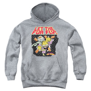AN OFFCIALLY LICENSED GARFIELD LET THE FUR FLY YOUTH HOODIE ATHLETIC HEATHER