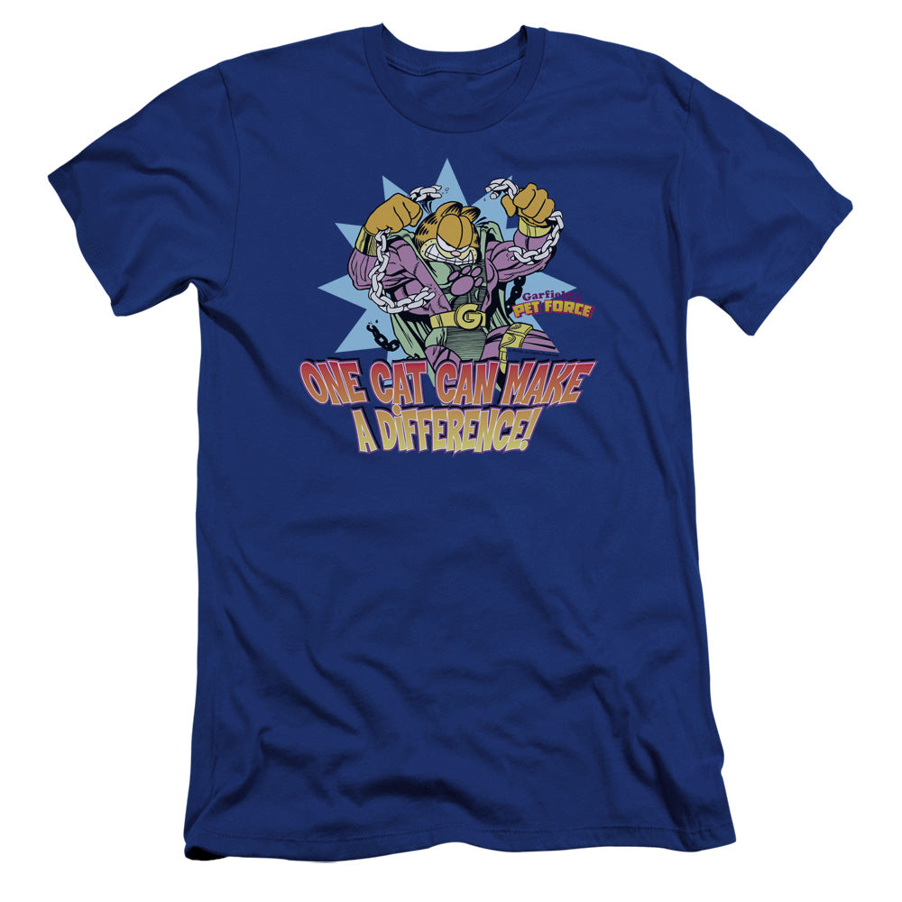 AN OFFCIALLY LICENSED GARFIELD MAKE A DIFFERENCE MEN'S PREMIUM SLIM FIT T-SHIRT ROYAL