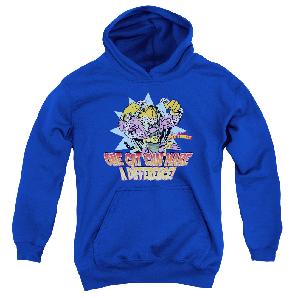 AN OFFCIALLY LICENSED GARFIELD MAKE A DIFFERENCE YOUTH HOODIE ROYAL