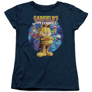AN OFFCIALLY LICENSED GARFIELD DVD ART WOMEN'S REGULAR FIT T-SHIRT NAVY