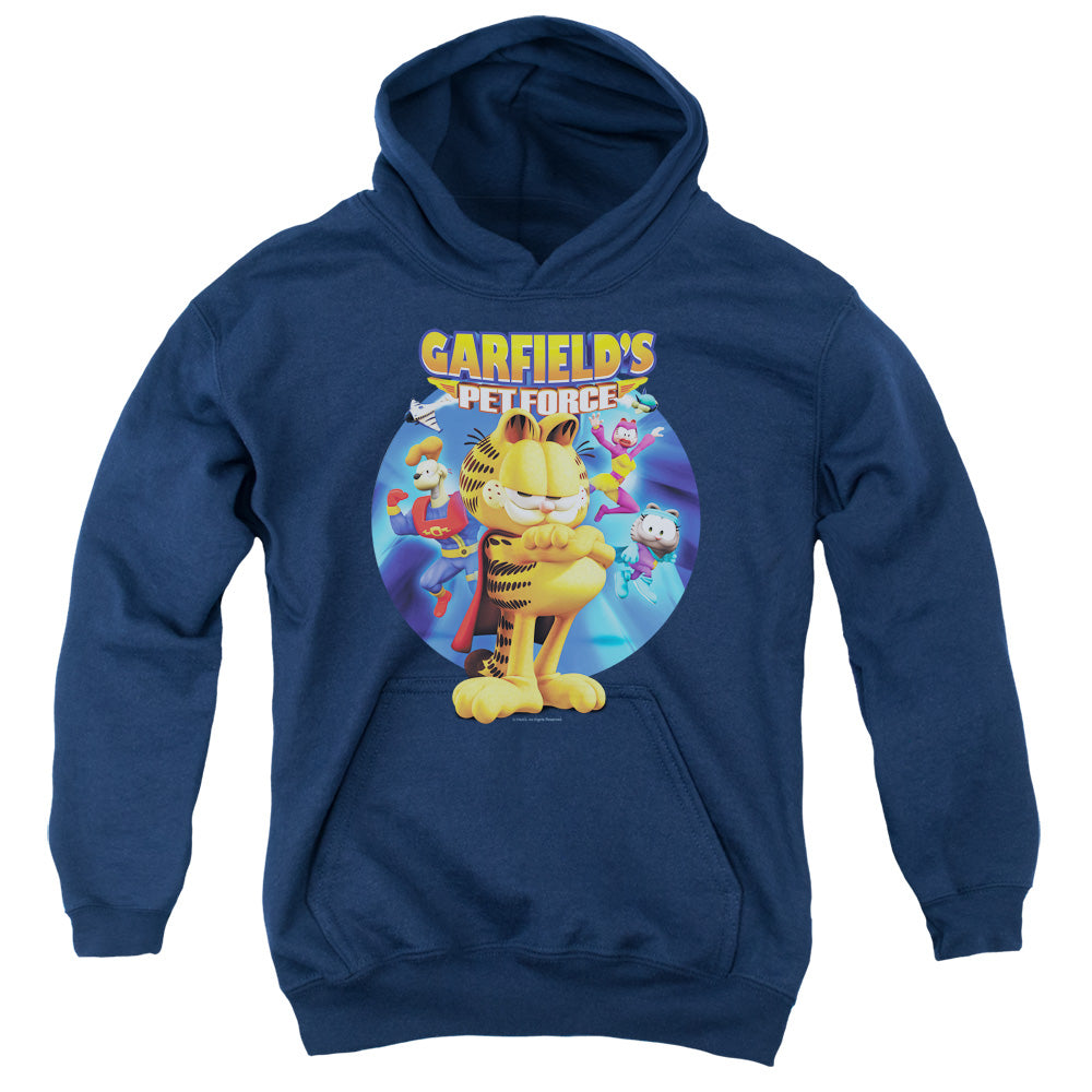 AN OFFCIALLY LICENSED GARFIELD DVD ART YOUTH HOODIE NAVY