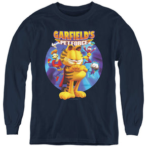 AN OFFCIALLY LICENSED GARFIELD DVD ART YOUTH LONG SLEEVE T-SHIRT NAVY