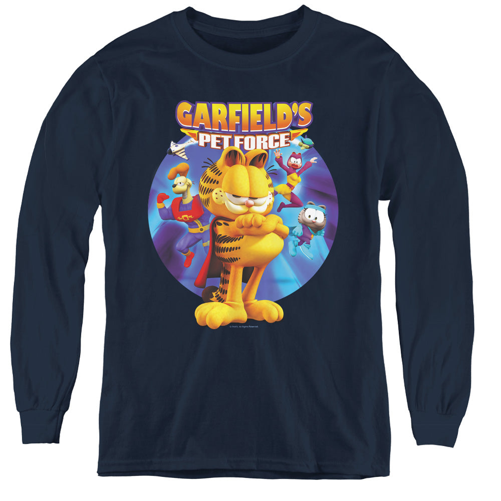 AN OFFCIALLY LICENSED GARFIELD DVD ART YOUTH LONG SLEEVE T-SHIRT NAVY