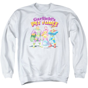 AN OFFCIALLY LICENSED GARFIELD HEROES AWAIT ADULT UNISEX CREWNECK SWEATSHIRT WHITE
