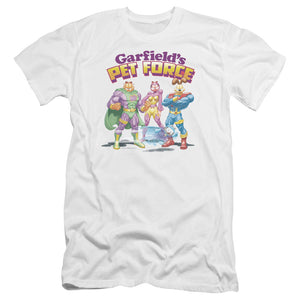 AN OFFCIALLY LICENSED GARFIELD HEROES AWAIT MEN'S PREMIUM SLIM FIT T-SHIRT WHITE