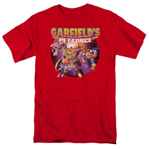 AN OFFCIALLY LICENSED GARFIELD PET FORCE FOUR MEN'S REGULAR FIT T-SHIRT RED