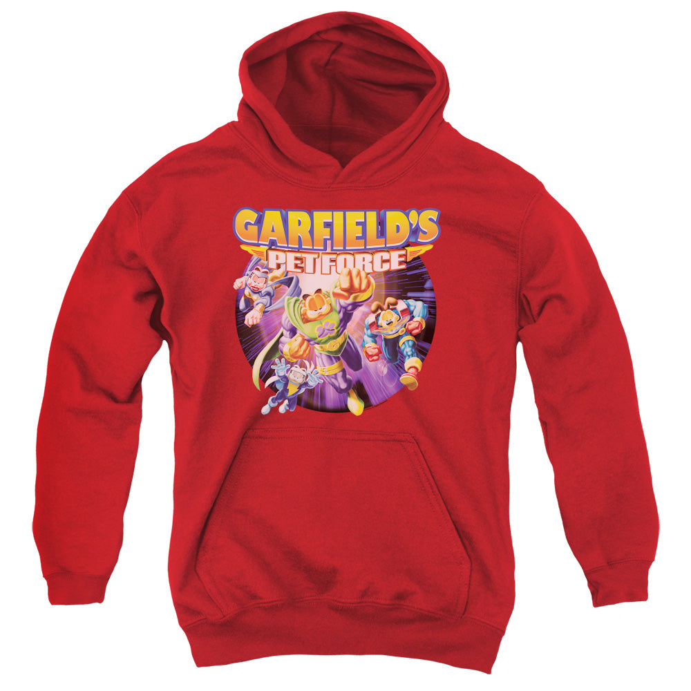 AN OFFCIALLY LICENSED GARFIELD PET FORCE FOUR YOUTH HOODIE RED