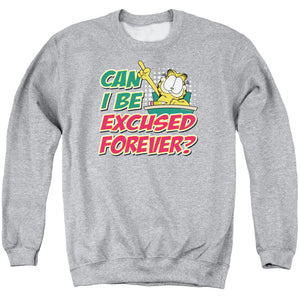 AN OFFCIALLY LICENSED GARFIELD EXCUSED FOREVER ADULT UNISEX CREWNECK SWEATSHIRT ATHLETIC HEATHER