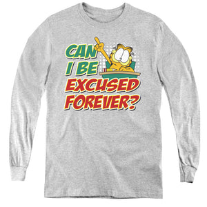 AN OFFCIALLY LICENSED GARFIELD EXCUSED FOREVER YOUTH LONG SLEEVE T-SHIRT ATHLETIC HEATHER