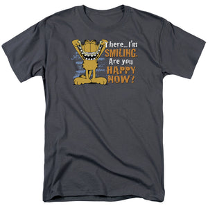 AN OFFCIALLY LICENSED GARFIELD SMILING MEN'S REGULAR FIT T-SHIRT CHARCOAL