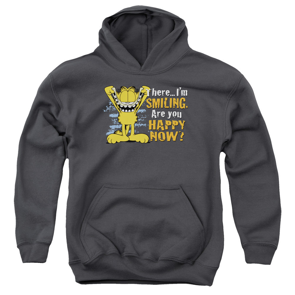 AN OFFCIALLY LICENSED GARFIELD SMILING YOUTH HOODIE CHARCOAL
